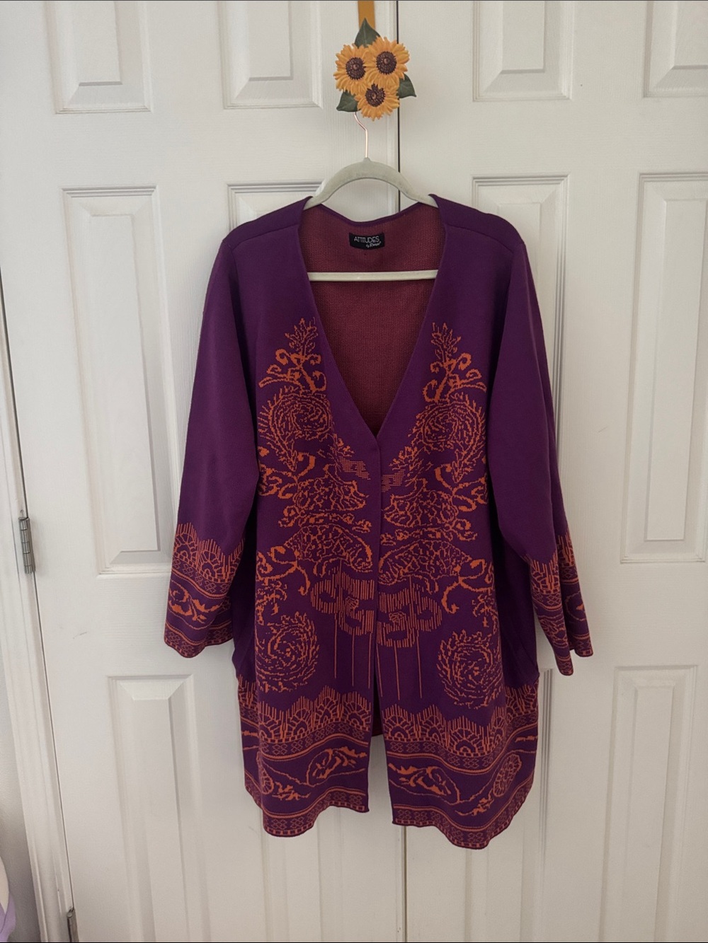 Attitudes by Renee Purple with Orange Jacquard Longline Cardigan